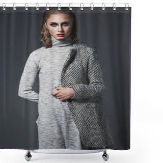 Personality  High Fashion Look Of Stylish Woman In Trendy Grey Dress And Coat Shower Curtains
