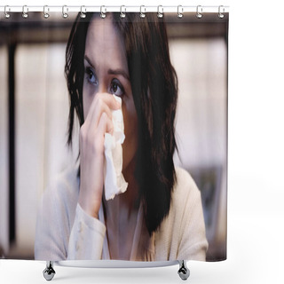 Personality  Crying Brunette Woman Wiping Tears With Paper Napkin At Home Shower Curtains