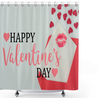 Personality  Top View Of Happy Valentines Day Postcard With Lips Print In Envelope Isolated On White Shower Curtains