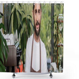 Personality  Cheerful Bearded Barista In Apron Looking At Camera, Standing And Working In Coffee Shop, Banner Shower Curtains