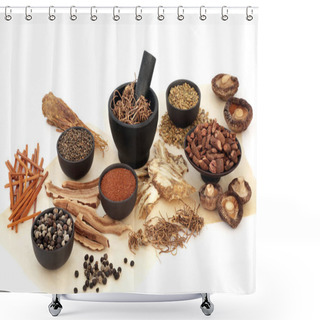 Personality  Chinese Herbal Plant Based Medicine Preparation With Herb And Spice Collection. Alternative Holistic Traditional Therapeutic Natural Healthcare Concept.  Shower Curtains