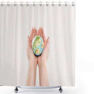 Personality  Cropped View Of Female Holding Earth Model On White Background, Global Warming Concept Shower Curtains