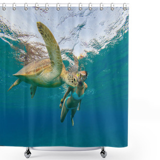 Personality  Snorkeling Woman With Hawksbill Turtle, Underwater Photography. Shower Curtains