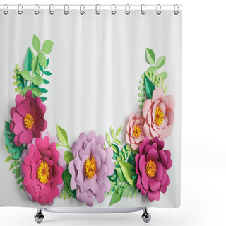Personality  Top View Of Pink And Lilac Paper Flowers And Green Plants With Leaves On Grey Background Shower Curtains