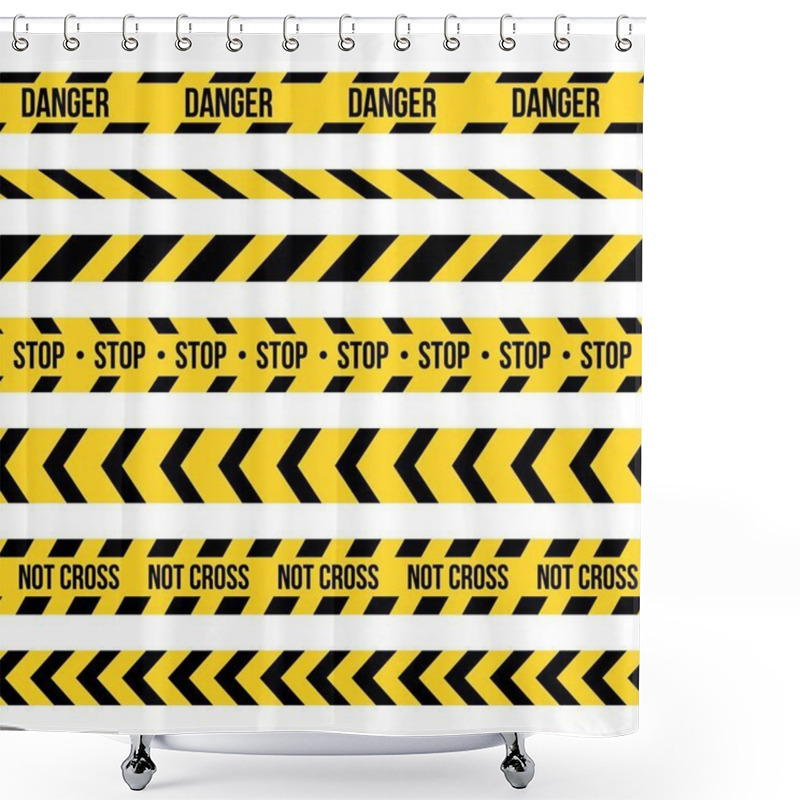 Personality  Creative vector illustration of black and yellow police stripe border. Set of danger caution seamless tapes. Art design line of crime places. Abstract concept graphic element. Construction sign. shower curtains