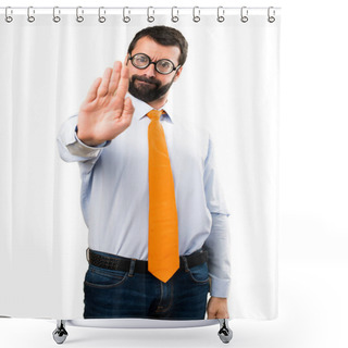 Personality  Funny Man With Glasses Making Stop Sign Shower Curtains