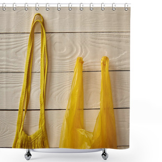 Personality  Top View Of Cotton String Bag And Plastic Bag On White Wooden Surface, Zero Waste Concept Shower Curtains