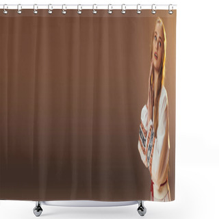 Personality  A Young Mavka Adorned In Traditional Attire Stands Elegantly Against A Brown Backdrop, Her Long Hair Flowing Gracefully. Shower Curtains