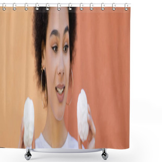 Personality  Joyful African American Woman Holding Zefir Near Orange Wall, Banner Shower Curtains