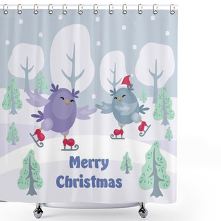 Personality  Christmas Greeting Card With The Image Of Funny Owls. Full Color Vector Illustration. Shower Curtains