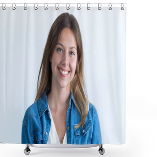 Personality  Happy Young Woman With Perfect Smile Looking At Camera. Isolated On White Background. Shower Curtains