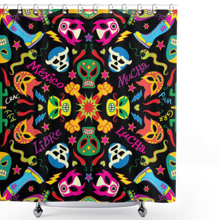 Personality  Colorful Masks And Symbols Form A Traditional Pattern Design In Homage To Mexican Wrestling. Snakes, Cactus, Fists, Boots, Hearts, Stars, Skulls, Hats, Chili Peppers And Lightning Bolts In Mandala Style Shower Curtains