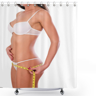 Personality  Young Woman Measuring Her Waist, Isolated On White Background Shower Curtains