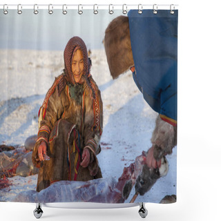 Personality  The Extreme North, Yamal, The Preparation Of Deer Meat, Remove The Hide From The Deer, Assistant Reindeer Breeder. Shower Curtains