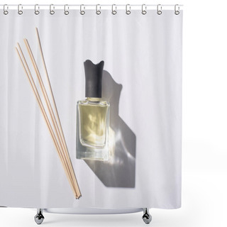 Personality  Top View Of Aroma Sticks Near Perfume In Bottle On White Background Shower Curtains