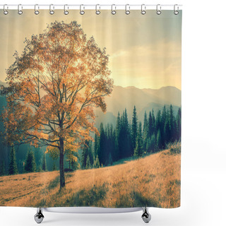 Personality  Autumn Tree In Mountains Landscape,  Vintage Shower Curtains