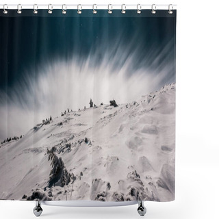 Personality  Scenic View Of Mountain Covered With Snow And Pine Trees Against Dark Sky In Evening With White Cloud Shower Curtains
