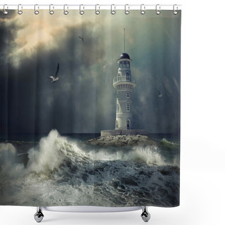 Personality  Lighthouse On The Sea Under Sky Shower Curtains