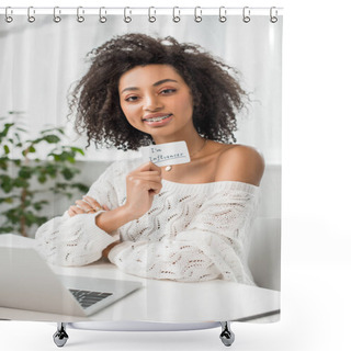 Personality  Selective Focus Of Cheerful African American Girl In Braces Holding Card With I Am Influencer Lettering Near Laptop  Shower Curtains