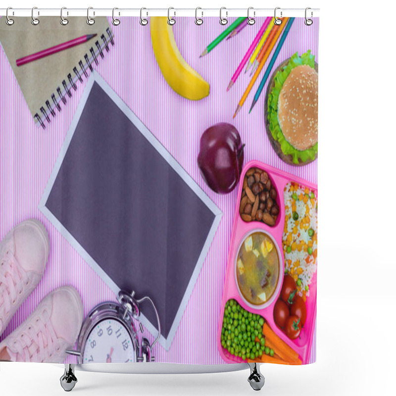 Personality  Top View Of Blackboard And Tray With Kids Lunch For School On Trendy Violet Surface Shower Curtains
