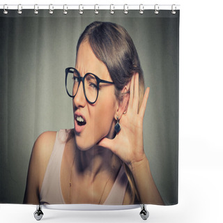 Personality  Nosy Woman Hand To Ear Gesture Or Hard To Hear Concept  Shower Curtains