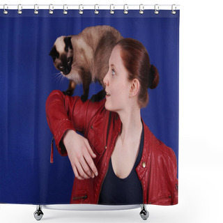 Personality  Young Woman Playing With Cat On Her Arm Shower Curtains