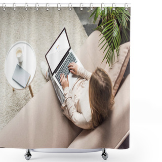 Personality  High Angle View Of Woman At Home Sitting On Couch And Using Laptop With Google Search On Screen Shower Curtains