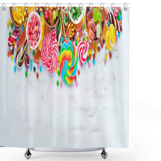 Personality  Colorful Candies, Jelly And Marmalade On A White Wooden Background. Sweets. Top View. Free Copy Space. Shower Curtains