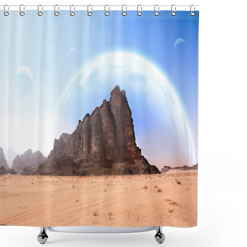 Personality  Landscape With Sand Desert, Rock And Planets In Sky Shower Curtains