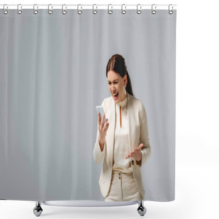 Personality  Aggressive Businesswoman Screaming While Holding Smartphone Isolated On Grey  Shower Curtains
