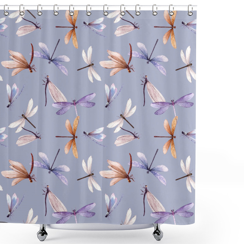 Personality  Watercolor Seamless Pattern With Colorful Dragonflies. Stock Illustration. Purple Background. Shower Curtains