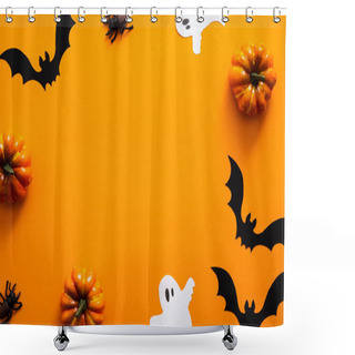 Personality  Happy Halloween Holiday Concept. Halloween Decorations, Pumpkins, Bats, Ghosts, On Orange Background. Halloween Party Greeting Card Mockup With Copy Space. Flat Lay, Top View, Overhead. Shower Curtains