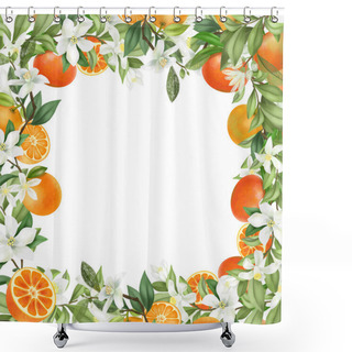 Personality  Card Template, Frame Of Hand Drawn Blooming Mandarin Tree Branches, Flowers And Mandarins On White Background Shower Curtains