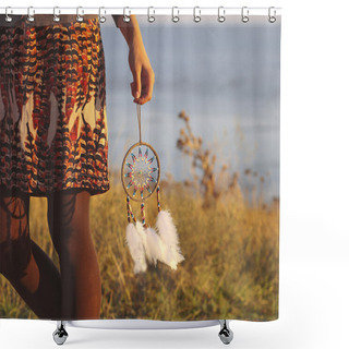 Personality  Brunette Woman With Long Hair Holding Dream Catcher  Shower Curtains