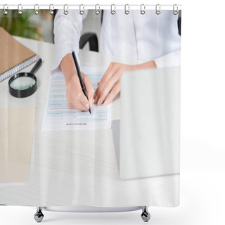 Personality  Cropped View Of Nutritionist Sitting At Table And Filling In Medical Card In Clinic  Shower Curtains