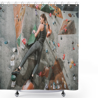 Personality  Woman Climbing Wall With Grips Shower Curtains