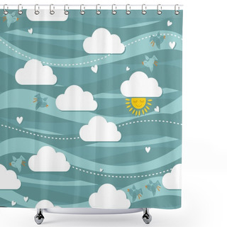 Personality  Sunny Sky With Falling Hearts And Blue Birds Seamless Pattern Shower Curtains
