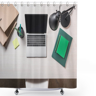 Personality  Top View Of Workplace With Folders, Post It Note And Laptop With Blank Screen On Table Shower Curtains