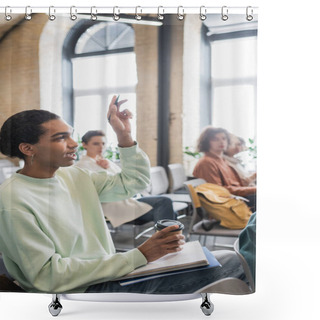 Personality  African American Student With Coffee To Go And Raised Hand Asking Question During Lecture In University Shower Curtains