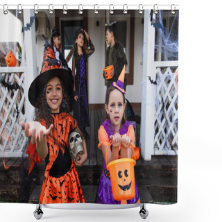 Personality  Smiling Girl In Witch Costume Standing With Outstretched Hand Near Friend With Halloween Bucket  Shower Curtains