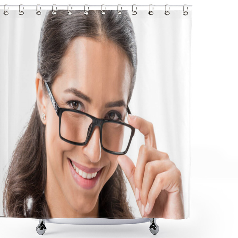 Personality  smiling businesswoman in eyeglasses shower curtains