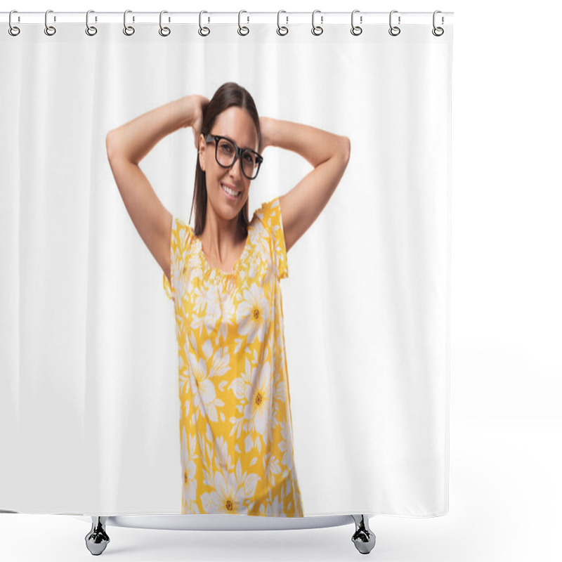 Personality  young positive smiling caucasian woman with vision glasses on white background. shower curtains
