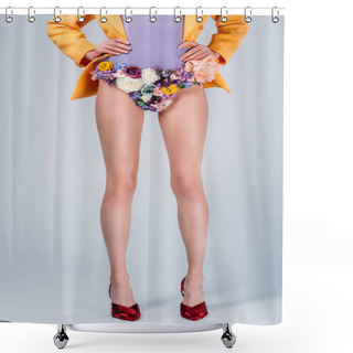 Personality  Low Section Of Girl In Panties Made Of Flowers And High Heeled Shoes Standing With Hands On Waist Isolated On Grey Shower Curtains