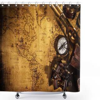 Personality  Old Vintage Navigation Equipment On Old World Map. Shower Curtains
