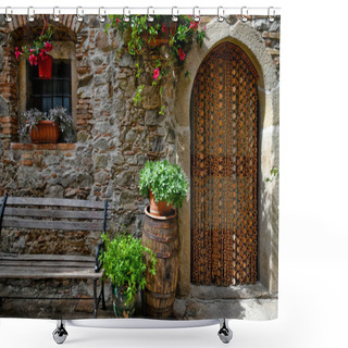 Personality  A Bech In A Street Of Historic Center Of San Giovanni In Fiore, A Medieval Town In The Cosenza Province. Shower Curtains