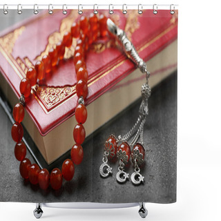 Personality  Holy Book Of Muslims And Prayer Beads, Closeup Shower Curtains