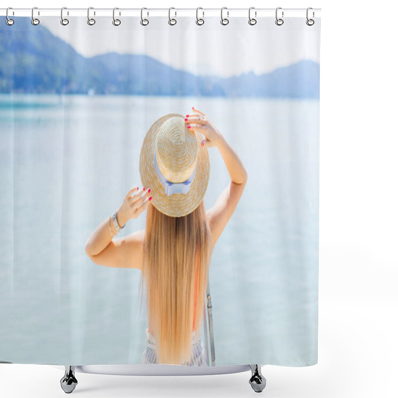 Personality  Mountain Lake. Girl Admires Views And Holding Hands On The Boate Shower Curtains