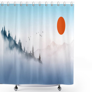 Personality  Landscape With Sunrise In Mountains. Traditional Oriental Ink Painting Sumi-e, U-sin, Go-hua. Shower Curtains