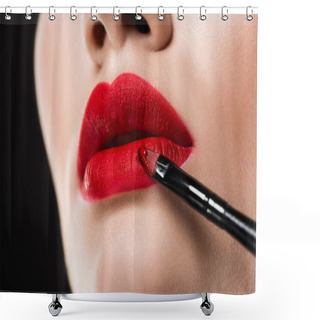 Personality  Cropped View Of Woman Applying Red Lipstick With Cosmetic Brush, Isolated On Grey Shower Curtains