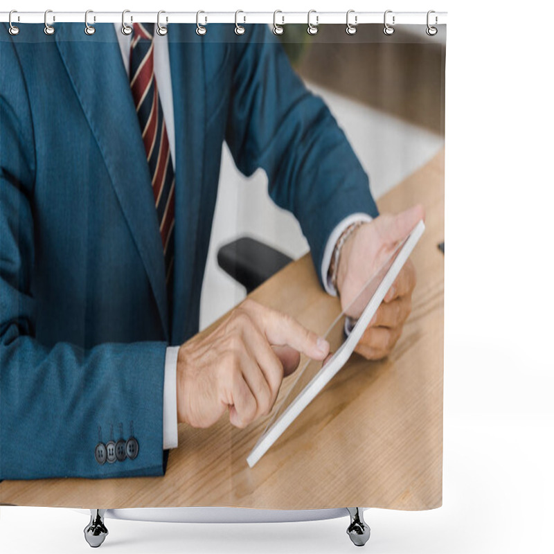 Personality  businessman in suit using digital tablet in office shower curtains